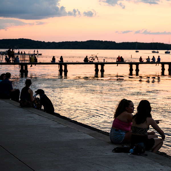 Lake Mendota stretches across the north side of campus, next to the Union Terrace, Lakeside Halls, and the Lakeshore Path.
