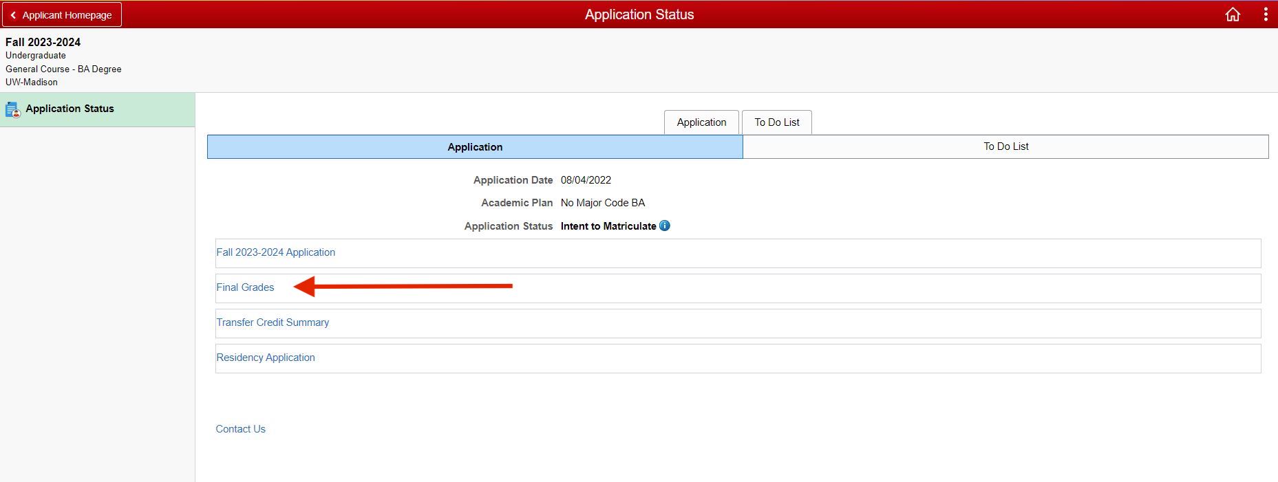 Screenshot of Student Center with red arrow pointing at "final grades."
