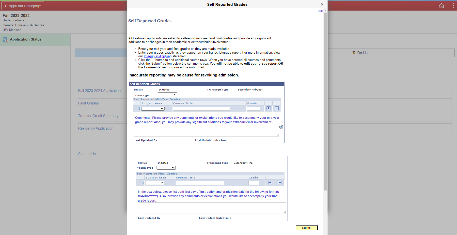 Screenshot of Self-Reported grades in Student Center