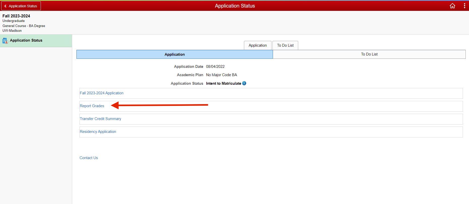 Screenshot of student Center pointing to "Report Grades" with red arrow