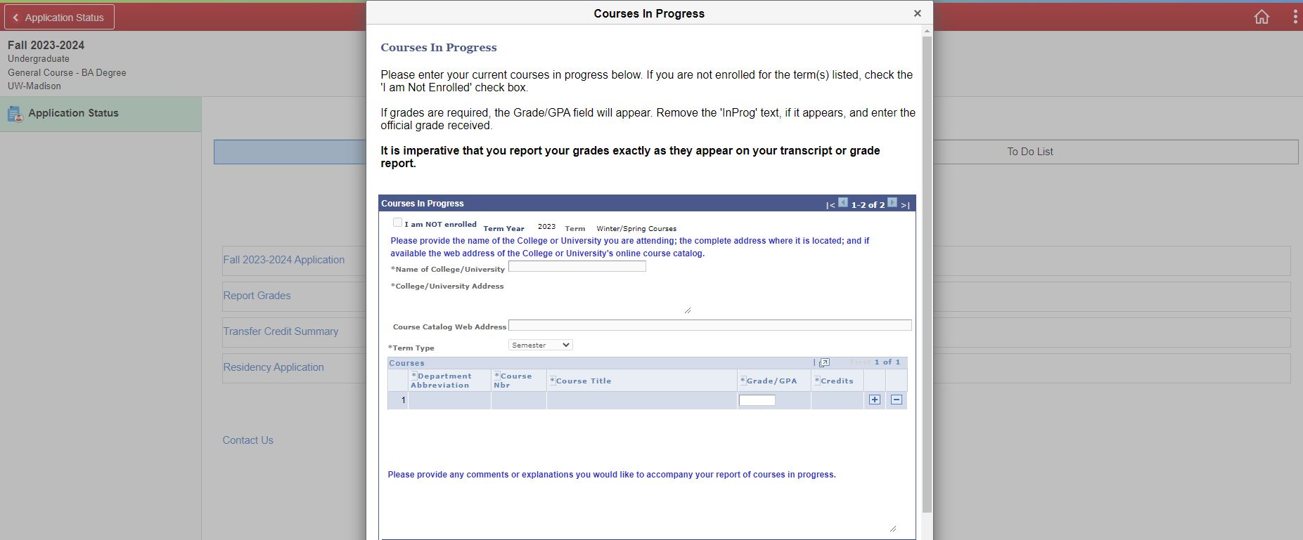 Screen Shot of Course In Progress window in Student Center