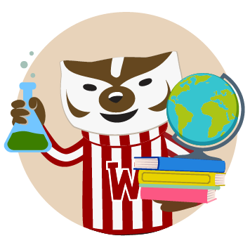 Bucky holding a test tube, globe and books
