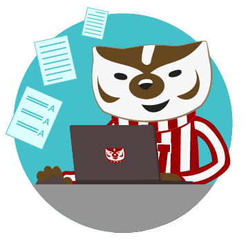 Bucky typing on a computer with application files floating around him