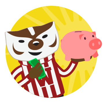Bucky holding a piggy bank and a couple dollars