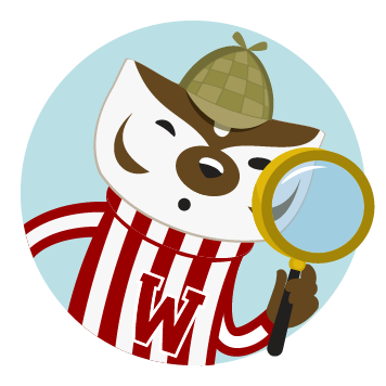 Bucky in a Sherlock Holmes hat looking through a magnifying glass