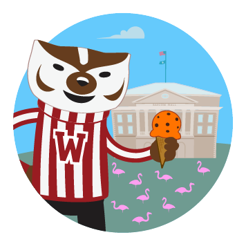 Bucky holding an ice cream cone in front of Bascom Hall among flamingos