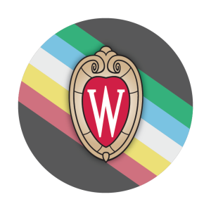 Disability You Belong at UW–Madison icon. The flag/patter for disability as the background with the university crest over top