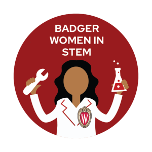 Women in STEM You Belong at UW–Madison icon. A cartoon female in a lab coat holding a flask and a wrench with text "Badger Women in STEM"
