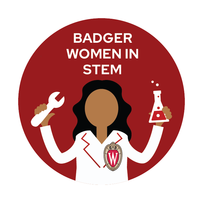 Women in STEM You Belong at UW–Madison icon. A cartoon female in a lab coat holding a flask and a wrench with text "Badger Women in STEM"