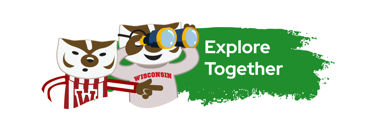 Bucky with Parent who is looking through binoculars, with text "Explore together"