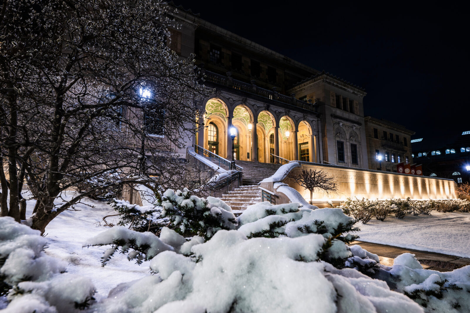 Memorial Union is pictured through a frozen landscape after a snowstorm