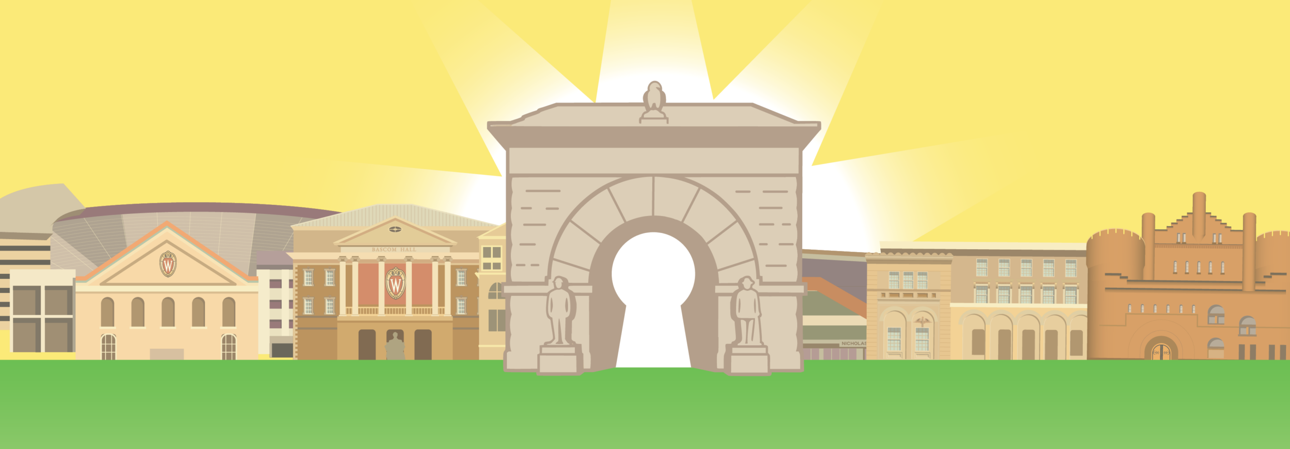 A backdrop of campus featuring a variety of building with the Camp Randall Arch in the middle with a shining keyhole.