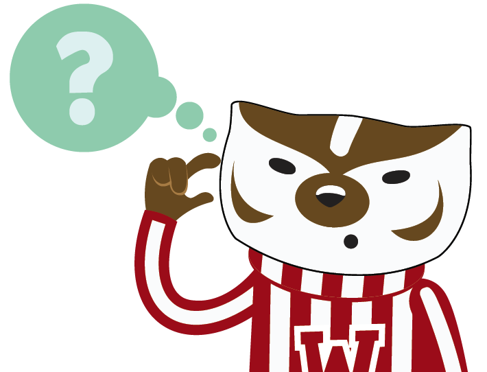 Bucky badger thinking with a question mark above his head