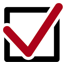 Red and white check mark on a black box icon