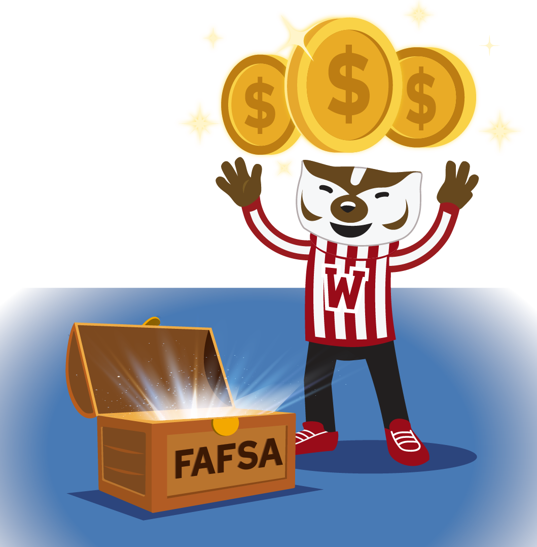 Bucky holding gold coins in the air next to a FAFSA chest